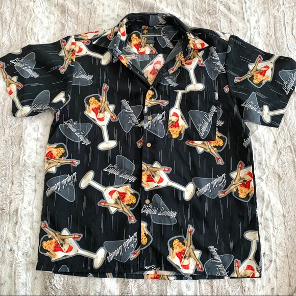 Vintage Black Pin Up Martini Glass Button Up Shirt - Picture 4 of 10